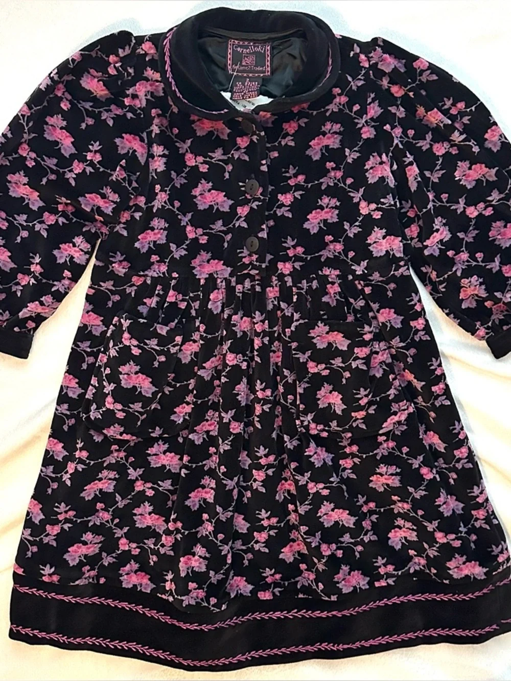 Vintage Cornelloki Cornell Trading Collared Velour Pink Floral Black Dress 2T